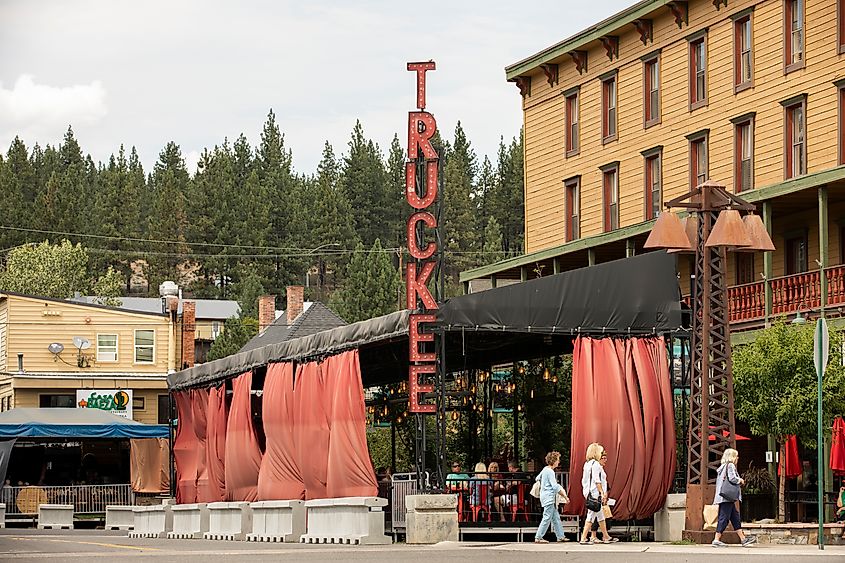Afternoon sunlight on the historic Gold Rush-era buildings of downtown Truckee, California.