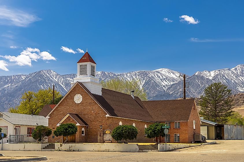 The town of Lone Pine, California, beneath snow-capped Sierra Nevada peaks.