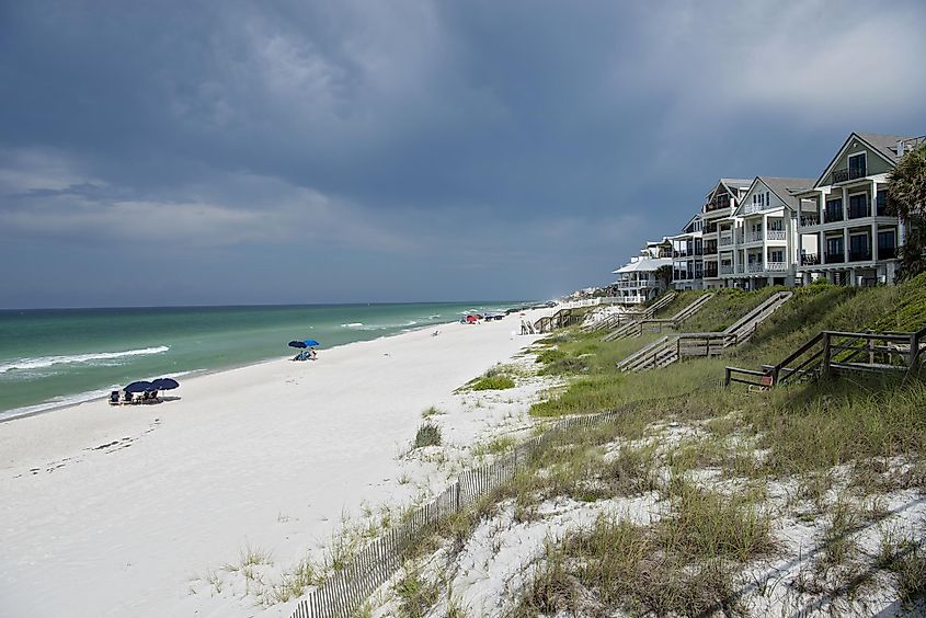 Beachfront homes and dune walkover in Rosemary Beach, Florida.