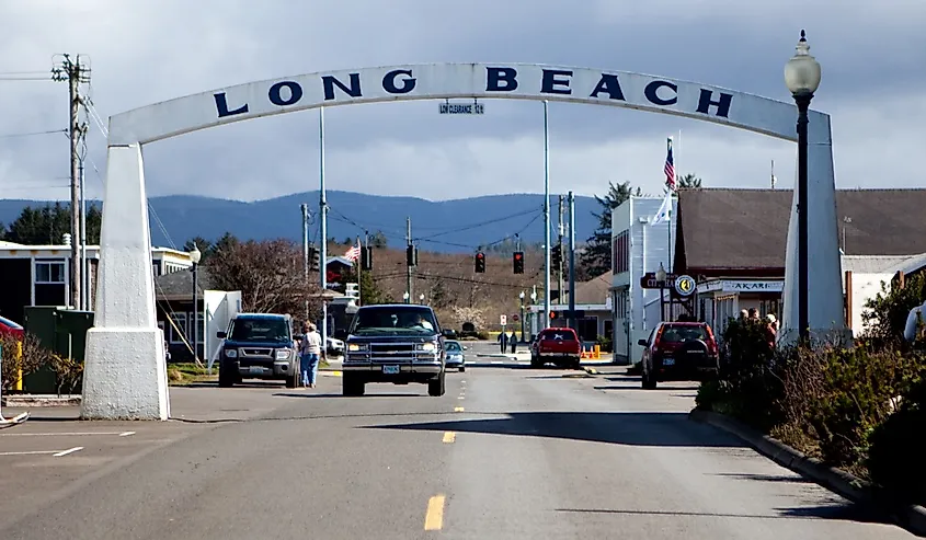 Wide sandy beach and boardwalk at Long Beach, Washington