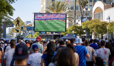 Crowds gather in downtown Long Beach to watch a global soccer match between the United States and Paraguay on June 12, 2026.