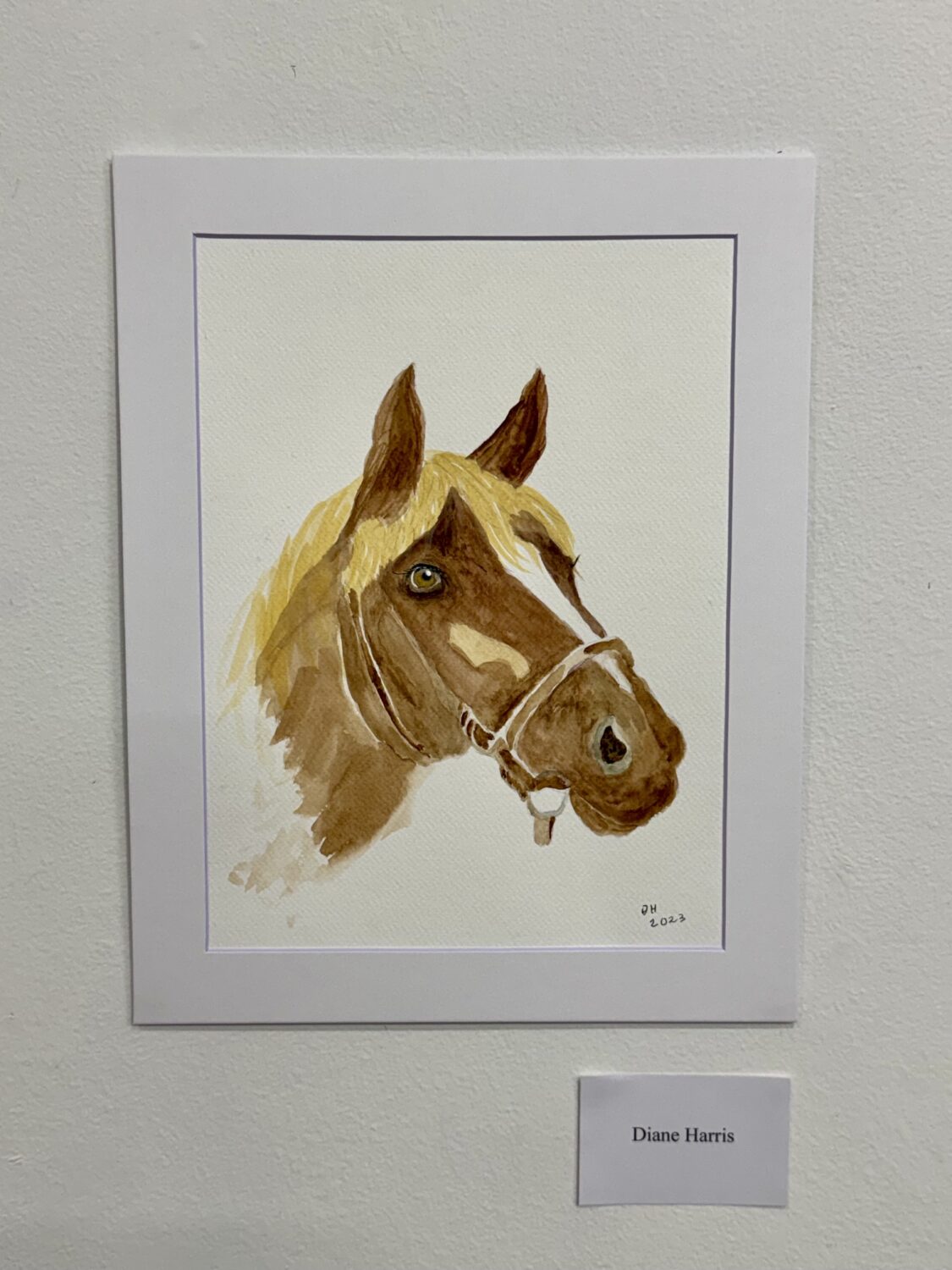 Watercolor portrait of a brown horse's head with a blond mane, wearing a halter, framed on a light mat.