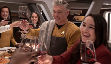 Rebecca Romijn, Anson Mount, and Christina Chong in Star Trek: Strange New Worlds season 3 episode "What Is Starfleet?"