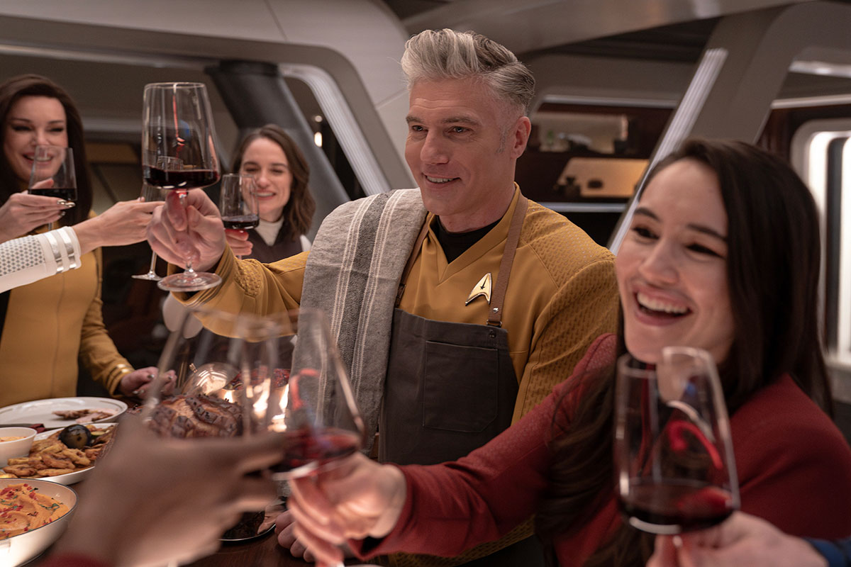 Rebecca Romijn, Anson Mount, and Christina Chong in Star Trek: Strange New Worlds season 3 episode "What Is Starfleet?"