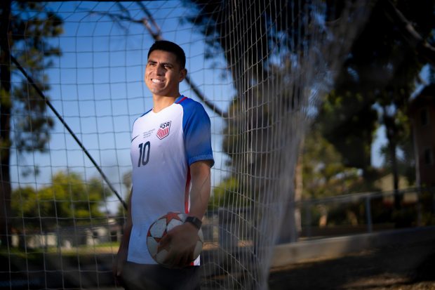 Chula Vista, CA - June 16: Joe Corona, 35 and now retired from professional soccer, took a brief break from working with teenage soccer players at the Lauderbach Synthetic Turf Field. Corona played soccer professionally for 16 years. (Nelvin C. Cepeda / The San Diego Union-Tribune)