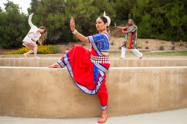 Ashley Akhavan from LITVAKdance, left, Odissi classical Indian dancer Shibani Patnaik and West African dance artist Daunté Nabi Fyall will perform in LITVAKdance's "Dancing Outdoors: Take 4" on Saturday in Encinitas. (Ryan Orion Beck)