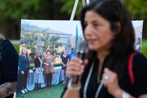 MaryAnne Pintar, chair of the San Diego County Citizens' Law Enforcement Review Board, spoke at a community vigil for the late journalist Kelly Davis held by Saving Lives in Custody California just outside the federal courthouse in San Diego on Monday, July 6, 2026. (Nelvin C. Cepeda / The San Diego Union-Tribune)