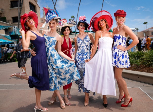 The tradition of wearing a hat on Opening Day at Del Mar continues before the start of the first race on Friday, July 17, 2026, in Del Mar, CA.  Left to right, Jenny Deddeh of El Cajon, Lana Klein of Poway, Neusha Paktinat of Irvine, Beatriz Andrade of Laguna Niguel, Mya Risheq of Newport Beach, and Olena Nalivkina of Alpine. (Nelvin C. Cepeda / The San Diego Union-Tribune)