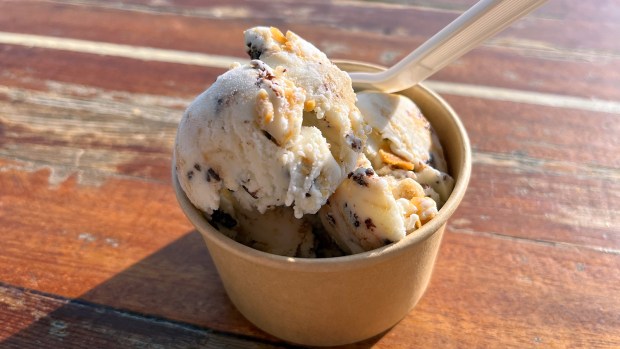 A scoop of peanut butter cookie dough ice cream at Scoopy Scoopy, a new ice cream shop in Leucadia. (Pam Kragen / The San Diego Union-Tribune)