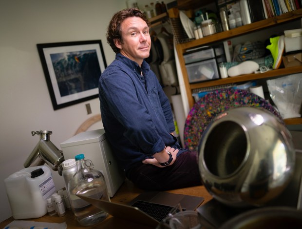 At his home office in San Marcos, CA, Robert Falken, a professional inventor, holds several dozen U.S. patents for his inventions. At the age of 18 years, he created and manufactured his first product, the Magma Surf Wax. (Nelvin C. Cepeda / The San Diego Union-Tribune)