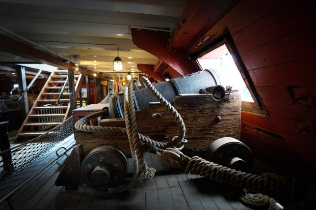 HMS Surprise at the Maritime Museum of San Diego along the Embarcadero, featured with her 24 nonoperational 9-pounder cannons. (Nelvin C. Cepeda / The San Diego Union-Tribune)