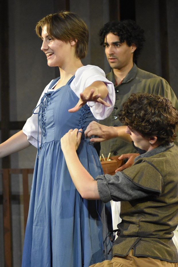 August Nickoli, left, Jaysten Marced Ares, top right, and Phoenix Velona in Loud Fridge Theatre Group's "Boy My Greatness." (Ben Handley)