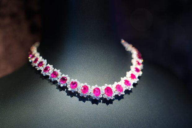 Carlsbad, CA - March 19: On loan. "Queen of Passion" Extraordinary ruby, diamond and platinum necklace. Rubies are from Myanmar (Burma). Featured in GIA's " Temples & Treasures of Southern Asia" exhibit. Courtesy of a private collector. (Nelvin C. Cepeda The San Diego Union-Tribune)
