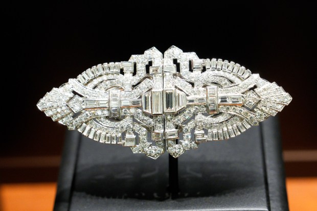 Art Deco Diamond Brooch. Cartier, circa 1930 Art Deco detachable double-clip platinum and diamond brooch. Gift of the Greenfield family (Nelvin C. Cepeda The San Diego Union-Tribune)