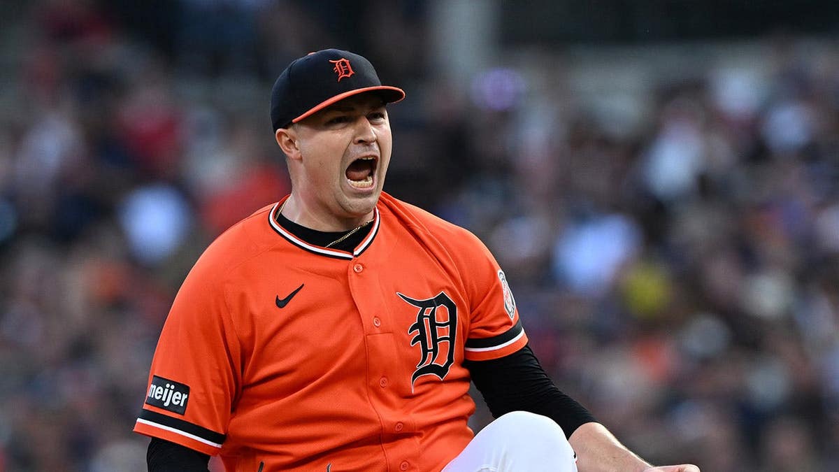 Detroit Tigers pitcher Tarik Skubal reacting after striking out a batter at Comerica Park.
