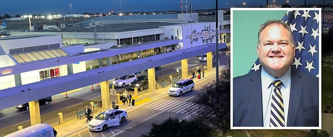 airport exterior and man's headshot