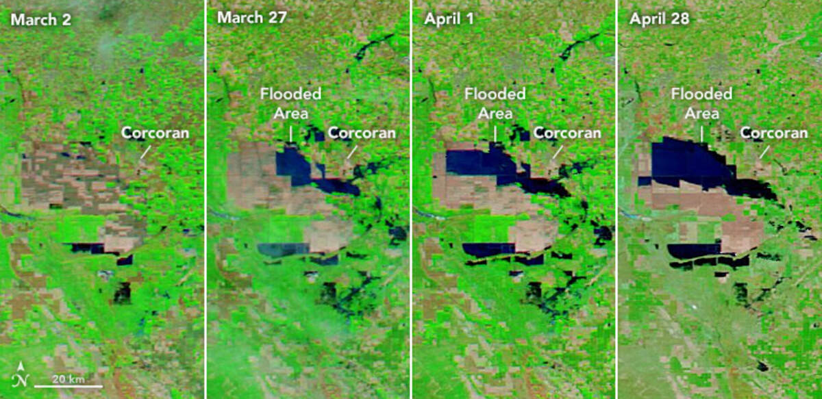 Images from NASA’s Aqua satellite orbiting the earth show the progression of flooding in the Tulare Lake Basin from March 2 through April 28, 2023.