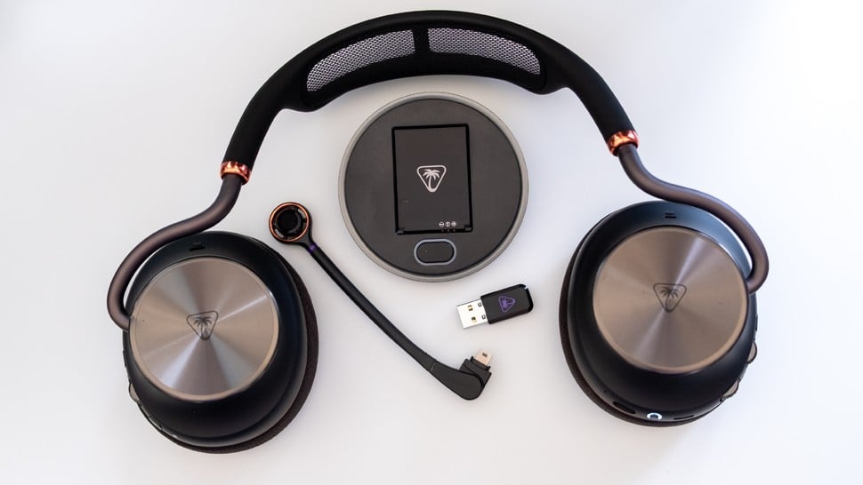Turtle Beach Stealth Pro 2 review, showing the headset with mic, dongle, charger