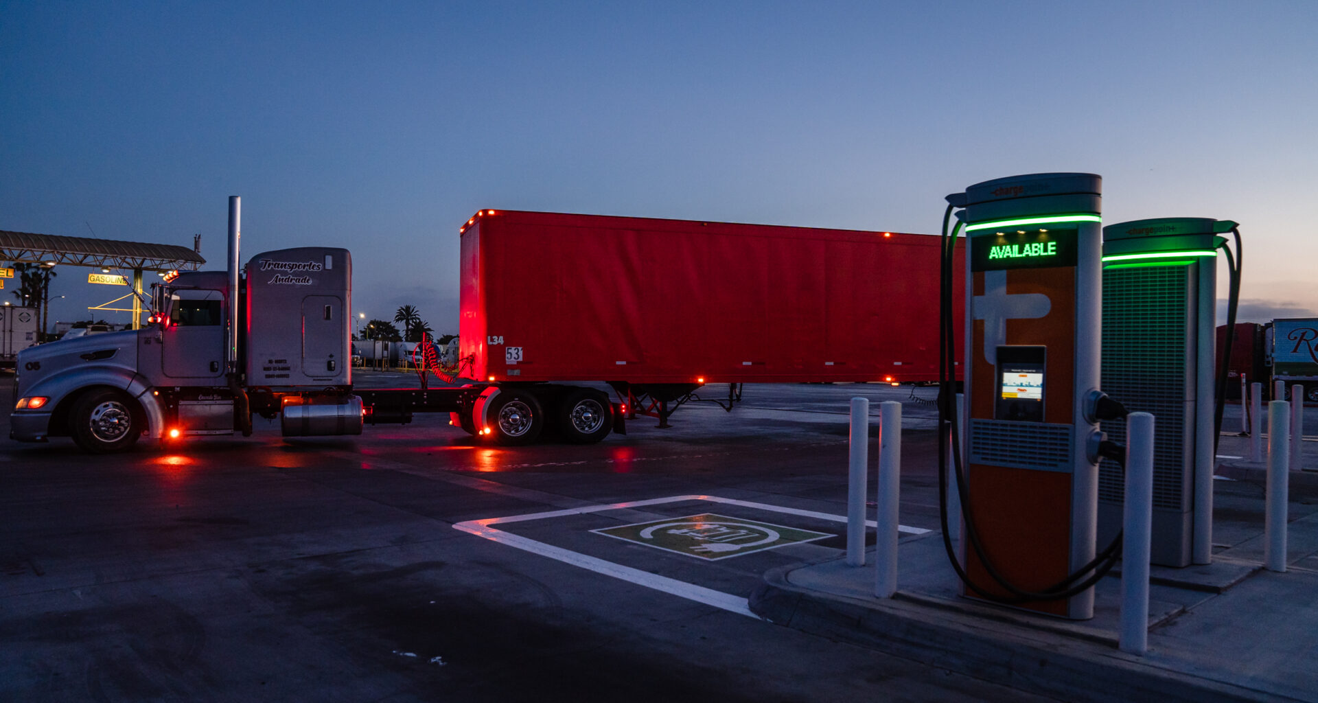 Electric vehicle chargers for class 8 electric trucks at Truck Net LLC in Otay Mesa on April 27, 2023.