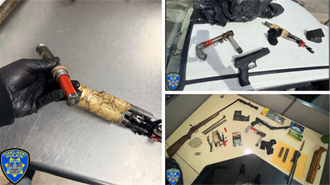 There is a several items in this photo. Homemade firearms (one loaded) designed to fire live ammunition and projectiles, a BB gun, ammunition, and suspected narcotics.