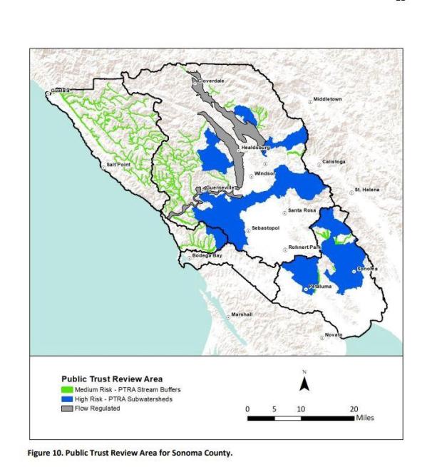A map showing the designated Public Trust Review Area where property owners seeking permission for new wells would be subject to more stringent county reviews as well as higher permit fees. (County of Sonoma)