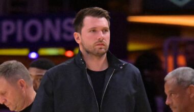 May 9, 2026; Los Angeles, California, USA; Los Angeles Lakers guard Luka Doncic (77) looks on from the bench in the final minutes of game three of the second round of the 2026 NBA Playoffs against the Oklahoma City Thunder at Crypto.com Arena. Mandatory Credit: Jayne Kamin-Oncea-Imagn Images