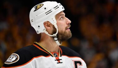 May 22, 2017; Nashville, TN, USA; Anaheim Ducks center Ryan Getzlaf (15) reacts after the winning goal by Nashville Predators center Colton Sissons (not pictured) during the third period in game six of the Western Conference Final of the 2017 Stanley Cup Playoffs at Bridgestone Arena. Mandatory Credit: Christopher Hanewinckel-USA TODAY Sports