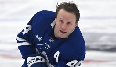 Jan 1, 2026; Toronto, Ontario, CAN;  Toronto Maple Leafs defenseman Morgan Rielly (60) warms up before playing the Winnipeg Jets at Scotiabank Arena. Mandatory Credit: Dan Hamilton-Imagn Images