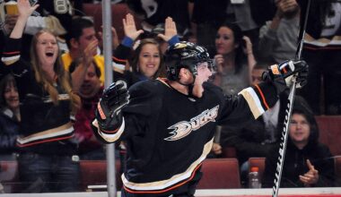 November 5, 2010; Anaheim, CA, USA; Anaheim Ducks right wing Bobby Ryan (9) celebrates after scoring a goal against the Pittsburgh Penguins during the second period at the Honda Center. Mandatory Credit: Gary A. Vasquez-USA TODAY Sports
