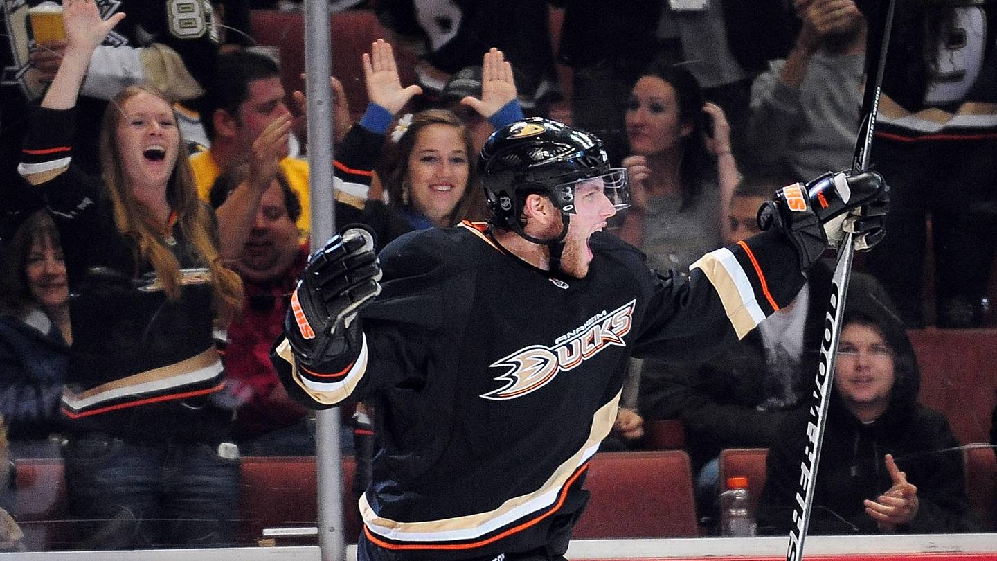 November 5, 2010; Anaheim, CA, USA; Anaheim Ducks right wing Bobby Ryan (9) celebrates after scoring a goal against the Pittsburgh Penguins during the second period at the Honda Center. Mandatory Credit: Gary A. Vasquez-USA TODAY Sports