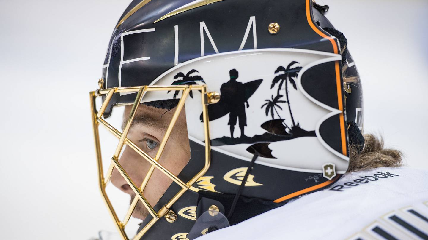 Apr 23, 2014; Dallas, TX, USA; Anaheim Ducks goalie Jonas Hiller (1) warms up before game four against the Dallas Stars in the first round of the 2014 Stanley Cup Playoffs at American Airlines Center. The Stars defeated the Ducks 4-2. Mandatory Credit: Jerome Miron-USA TODAY Sports