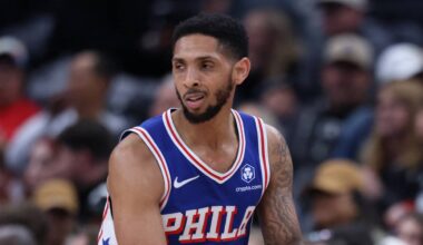 Mar 21, 2026; Salt Lake City, Utah, USA; Philadelphia 76ers guard Cameron Payne (20) reacts after a play against the Utah Jazz during the second half at Delta Center. Mandatory Credit: Rob Gray-Imagn Images