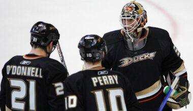 January 9, 2008; Anaheim CA, USA; Anaheim Ducks goalie Jean-Sebastien Giguere (35), defenseman Sean O'Donnell (21), and right wing Corey Perry (10) celebrate after the Ducks win 5-0 against the Toronto Maple Leafs at the Honda Center in Anaheim CA. Mandatory Credit: Gary A. Vasquez-USA TODAY Sports