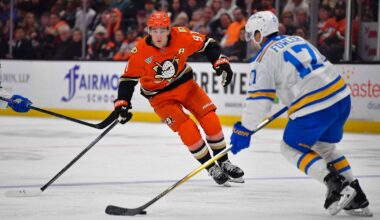 Apr 3, 2026; Anaheim, California, USA; Anaheim Ducks center Leo Carlsson (91) moves in for the puck against St. Louis Blues defenseman Cam Fowler (17) during the second period at Honda Center. Mandatory Credit: Gary A. Vasquez-Imagn Images