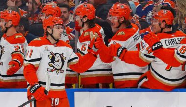 Apr 22, 2026; Edmonton, Alberta, CAN; The Anaheim Ducks celebrate a goal scored by  forward Cutter Gauthier (61) during the first period against the Edmonton Oilers  in game two of the first round of the 2026 Stanley Cup Playoffs at Rogers Place. Mandatory Credit: Perry Nelson-Imagn Images
