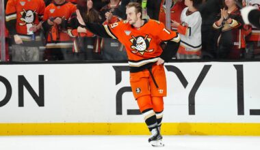 Apr 30, 2026; Anaheim, California, USA; Anaheim Ducks right wing Troy Terry (19) is recognized as the first star of the night after game six of the first round of the 2026 Stanley Cup Playoffs against the Edmonton Oilers at Honda Center. Mandatory Credit: Kirby Lee-Imagn Images