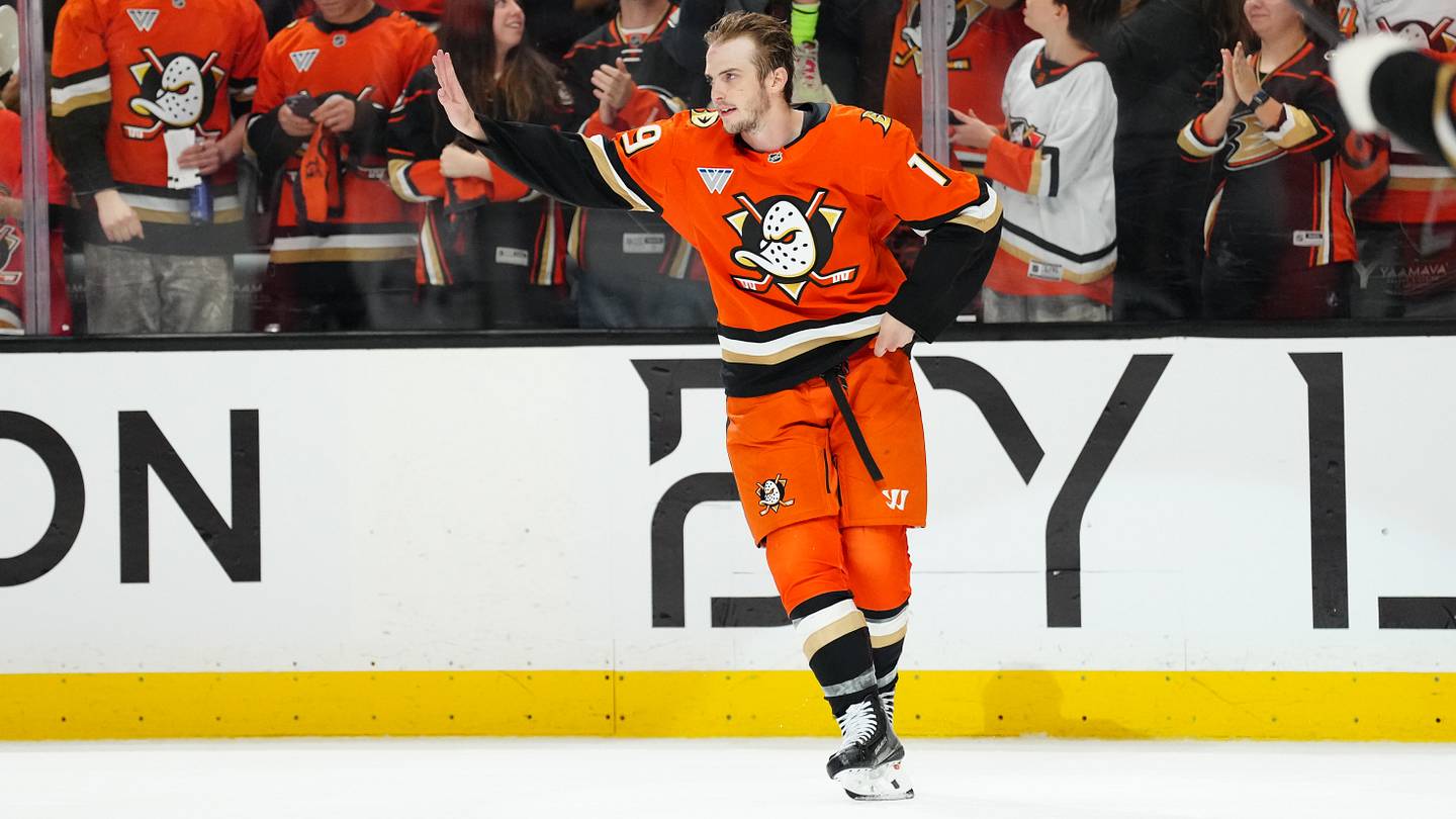 Apr 30, 2026; Anaheim, California, USA; Anaheim Ducks right wing Troy Terry (19) is recognized as the first star of the night after game six of the first round of the 2026 Stanley Cup Playoffs against the Edmonton Oilers at Honda Center. Mandatory Credit: Kirby Lee-Imagn Images