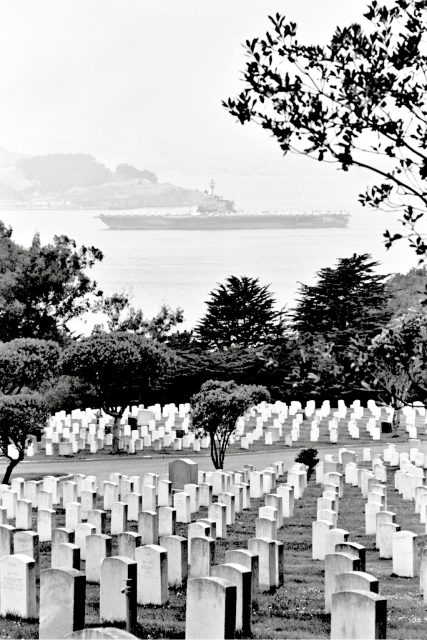 Rows of white headstones in a cemetery with a large ship on the water in the background, framed by trees and distant hills.