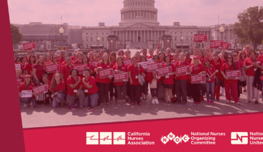 CNA/NNOC/NNU image with nurses in front of capitol and signs "Our Patients. Our Union. Our voice."