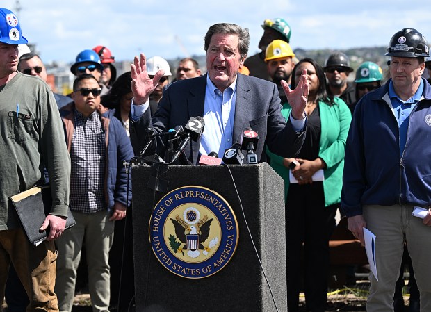 Congressman John Garamendi talks about the revitalization of the U.S. shipbuilding industry on Mare Island during a press conference in 2025. (Chris Riley/Times-Herald FILE)