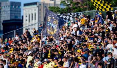 Fans look on from the Paul Child Stand at F.N.B. Stadium in Pittsburgh during the Pittsburgh Riverhounds' match against Rhode Island FC on July 25, 2026. (Photo: Chris Cowger/Riverhounds SC)