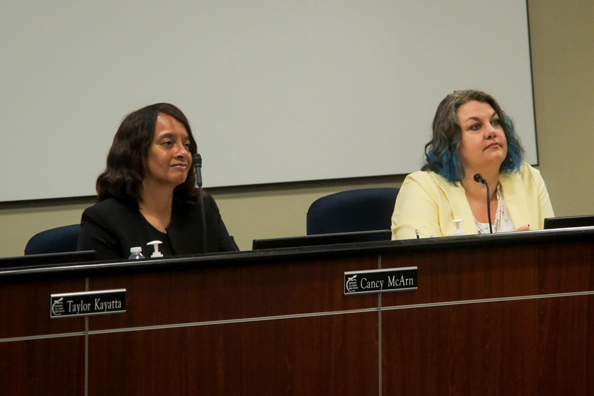 Sacramento City Unified School District Superintendent Cancy McArn and President Tara Jeane at the school board meeting held May 7, 2026.