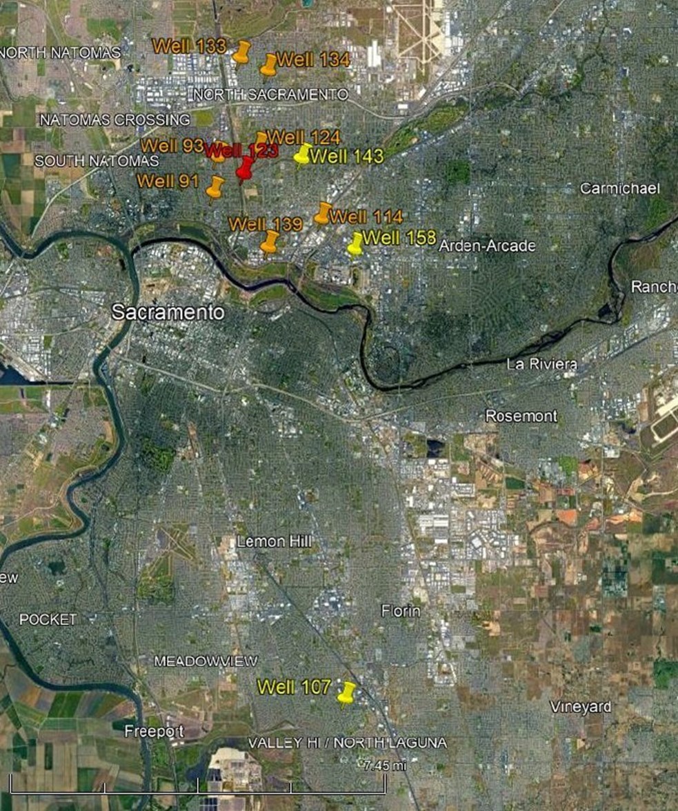 A map of the wells contaminated with PFAS identified in a 2022 lawsuit the city of Sacramento filed against chemical manufacturers.