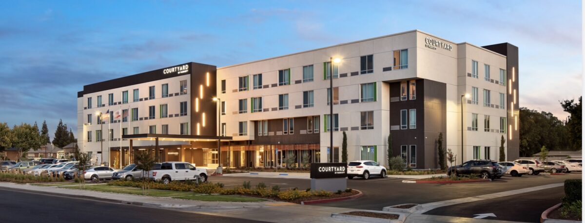 Aerial view of the Courtyard Marriott hotel in Fresno