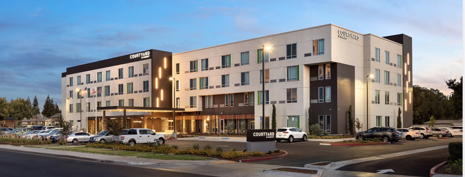 Aerial view of the Courtyard Marriott hotel in Fresno