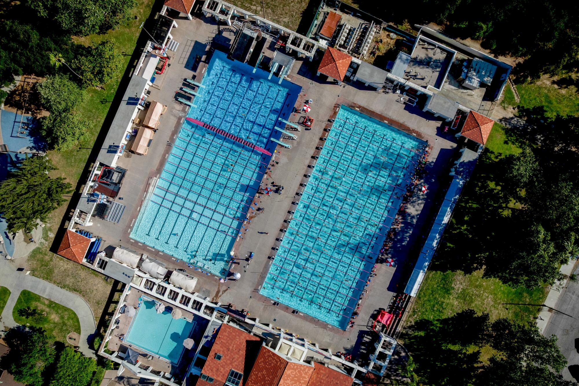 An aerial view of the Rose Bowl Aquatic Center in Pasadena.