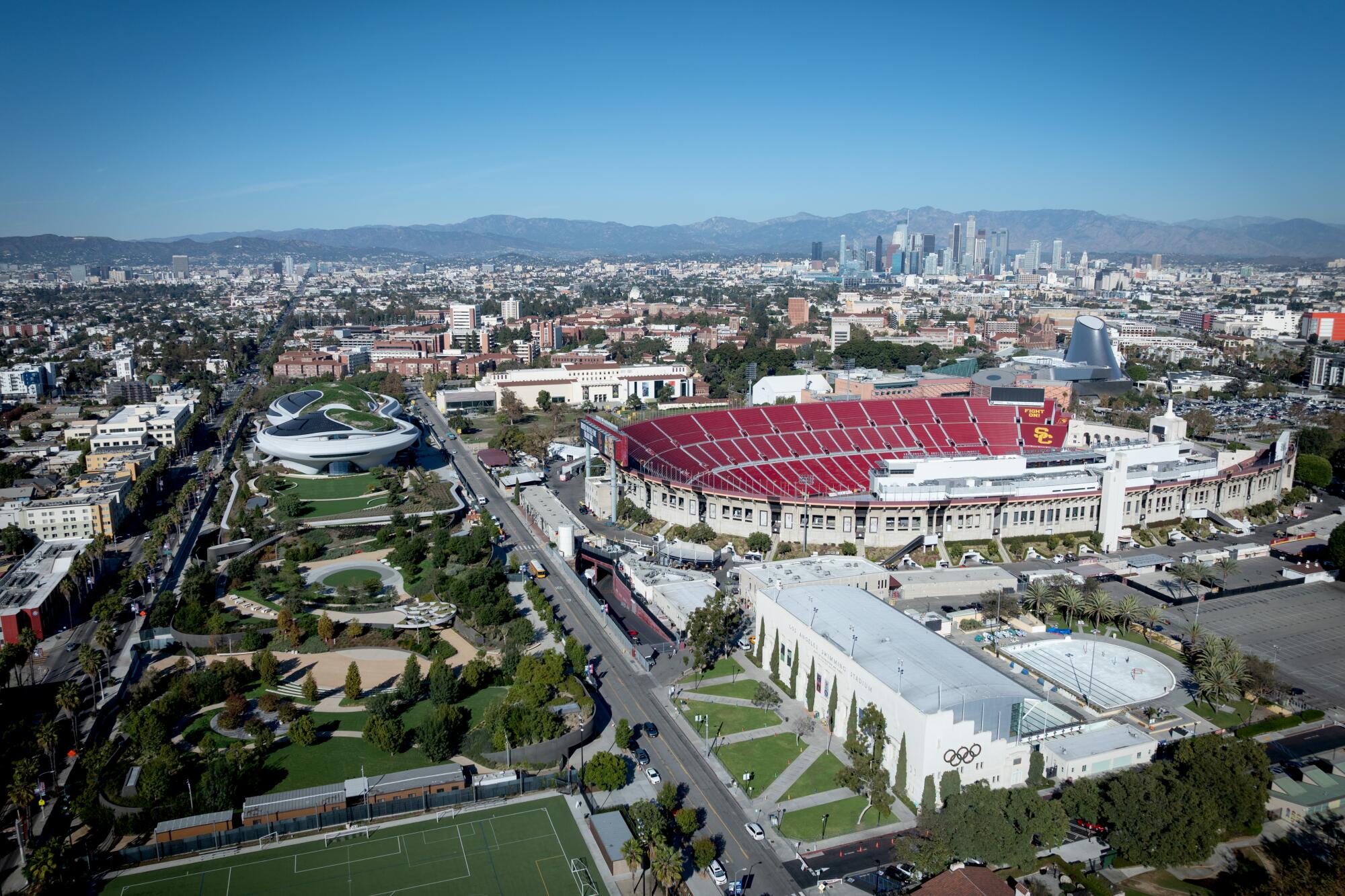 A drone view of the pool, lower right, at Exposition Park in Los Angeles.