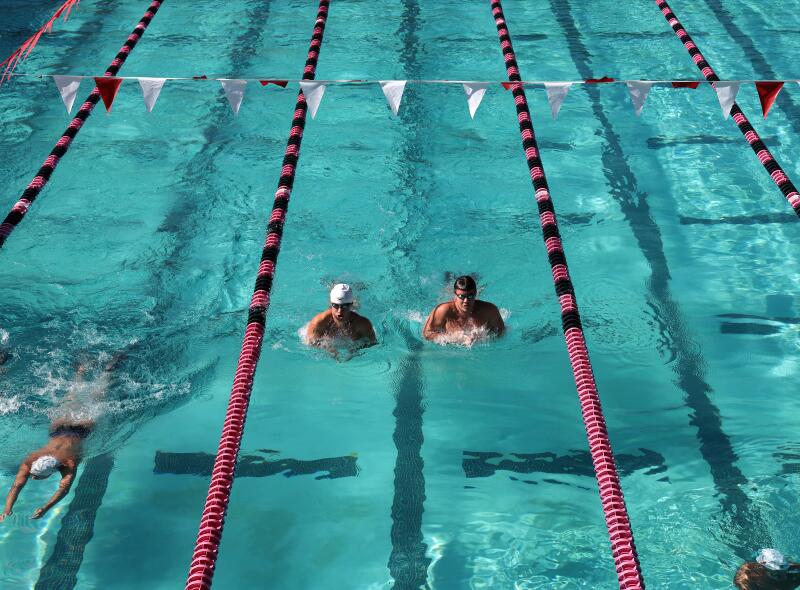 Swimmers do laps at the Rose Bowl Aquatic Center.