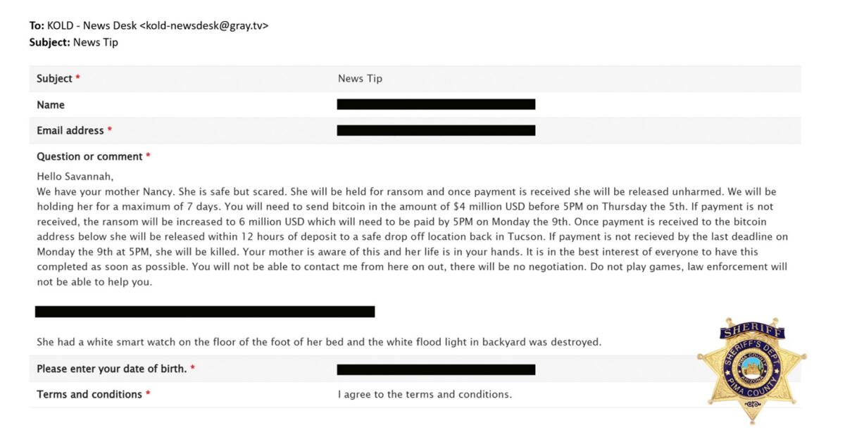 A screenshot of a partially redacted email with the Pima County sheriff's logo in the corner