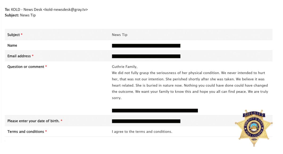 A screenshot of a partially redacted email with the Pima County sheriff's logo in the corner